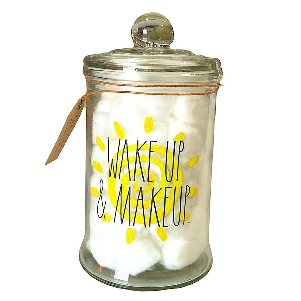 NEW Rae Dunn WAKE UP & MAKEUP Glass Jar w/Lid & Cotton Balls ☀️☀️☀️